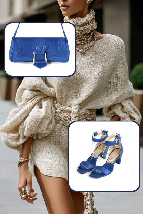 Dress sandals ankle strap in electric blue leather with medium comma heels and square toe - Worn view